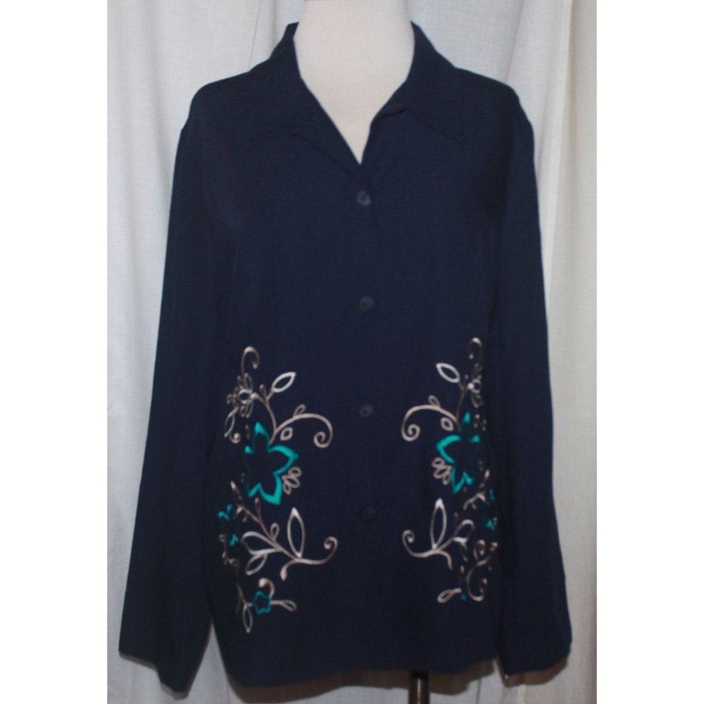Women's Sag Harbor Floral Embroidered Collared Button Up Navy Blue Top Size 16